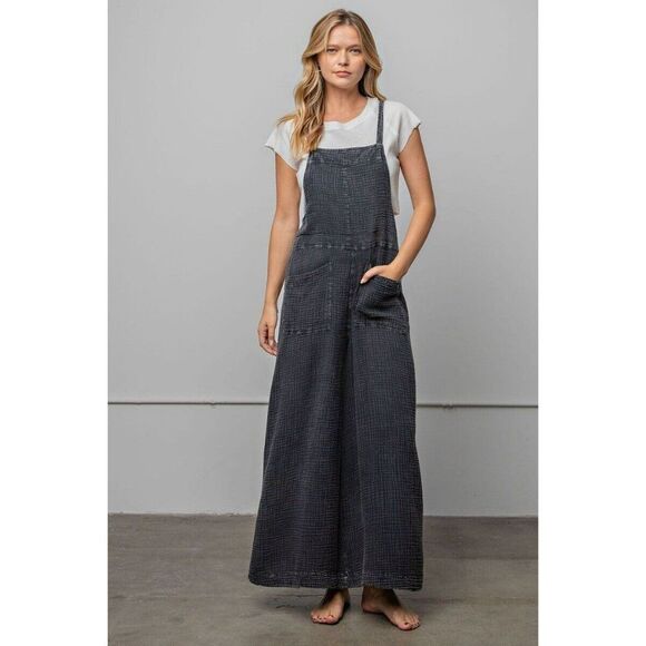 easel Pants - EASEL Washed Black Cotton Jumpsuit Overalls Wide Leg Pants Boho New EB41075